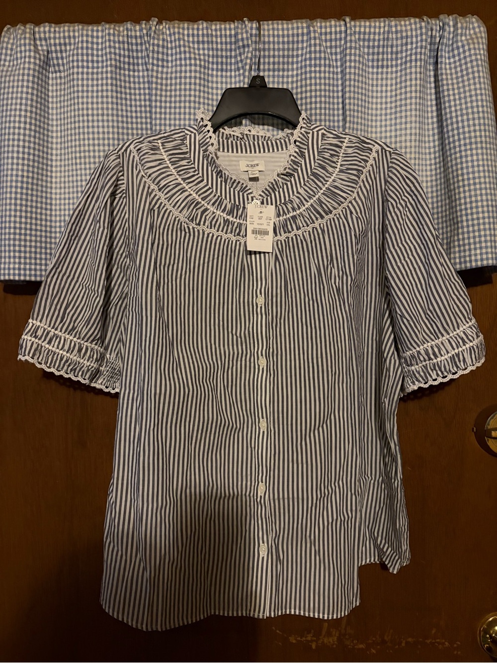 J. Crew Blue and White Striped Smocked Button-Up Blouse